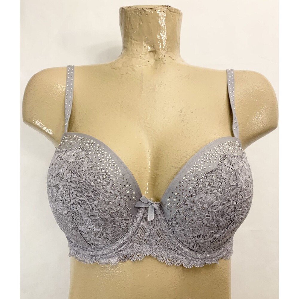 Dream Angels Victoria’s Secret Bra 34 DD 34DD Lined Demi Gray CZ Stones Pearls